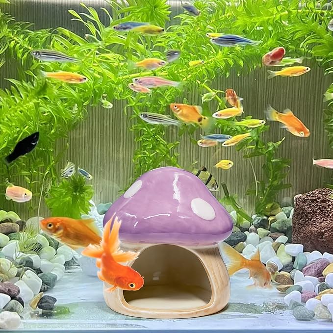 Betta Fish Tank Accessories, Ceramic Mushroom House Aquarium Decor - Cute Purple Hideout Cave Ornament for Small Fish, Shrimp, Goldfish, Hamsters & Reptiles (Purple)