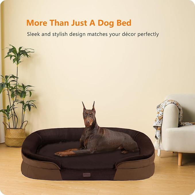 Dwanton Orthopedic Dog Bed for Extra Extra Large Dogs with Gel Memory Foam, Waterproof Dog Sofa, Washable Pet Bed with Four Sided Bolster Cushion, Removable Cover & Non-Slip Bottom, 48", Brown