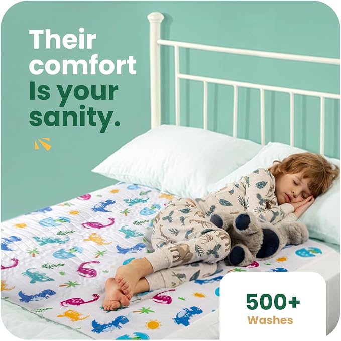 IMPROVIA® Pee Pads for Kids - Bed wetting Pads for Kids Potty Training Bed mats for Toddlers Waterproof Reuseable Washable Absorbent, Non Slip - Dino Design - Full Size 34”x52