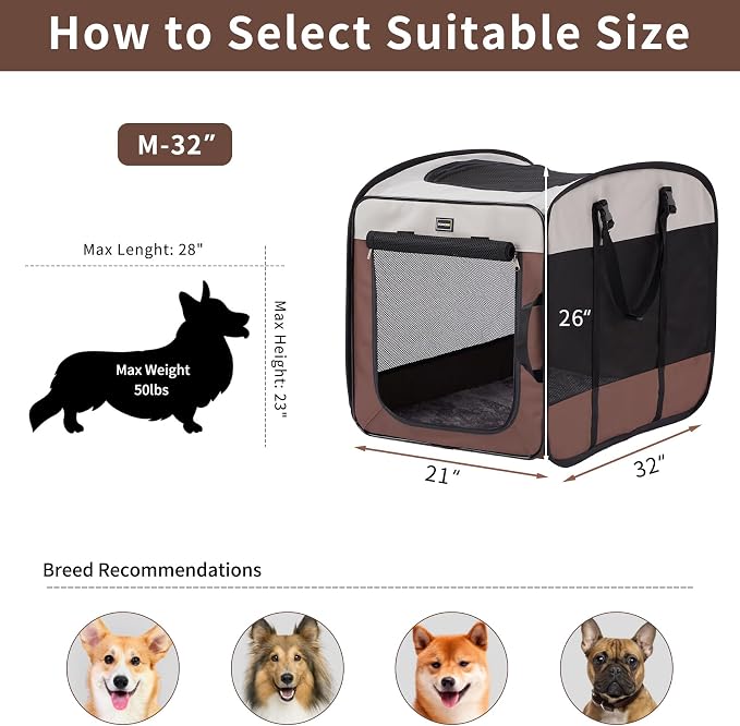 Dog Kennels and Crates for Medium Dogs, Portable Pop Up Indoor Pet Cage with Sturdy Wire Frame, Collapsible Travel Crate Soft Sided Cat Bag Escape Proof (Brown, 32.0" L x 21.0" W x 26.0" H)