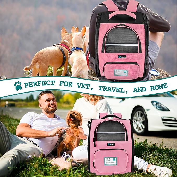 PetAmi Dog Backpack Carrier for Small Medium Dogs Large Cats up to 18 lbs, 2 Side Entry, Structured No-Collapse Frame, Airline Approved Ventilated Pet Backpack for Hiking Camping Travel Vet, Pink