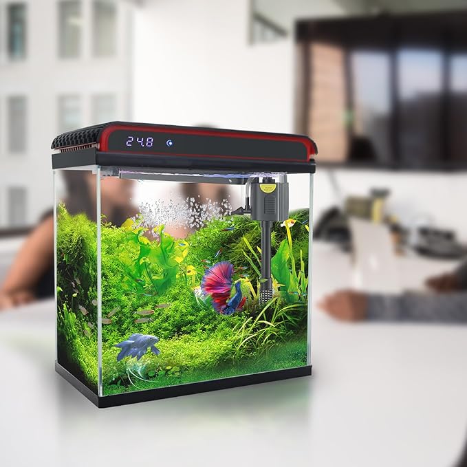 Glass 5 Gallon Fish Tank Aquarium - Smart Self-Cleaning Starter Kit with 3-Color LED Light, Ultra Quiet Pump & Filter, Temperature Monitoring for Betta Fish and Shrimp
