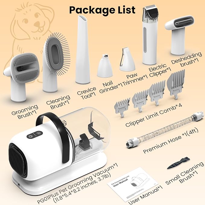 Dog Grooming Kit with Vacuum, 12000Pa Pet Electric Clipper & Nail Grinder | PG01 Plus 8-in1 Pet Grooming Kit, Low-Noise Dog Vacuum for Shedding Grooming, Pet Hair Remover Vacuum
