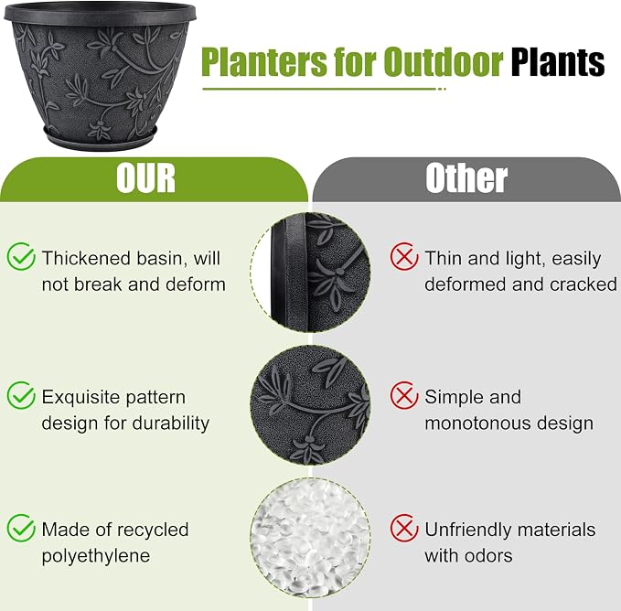 Nooulap 4 Pack 12 Inch Plant Pots for Outdoor Indoor, Plastic Flower Pots with Drainage Hole & Saucer, Modern Decorative Large Garden Pot, Imitation Magnolia Pots for Garden House Planters(Gray)