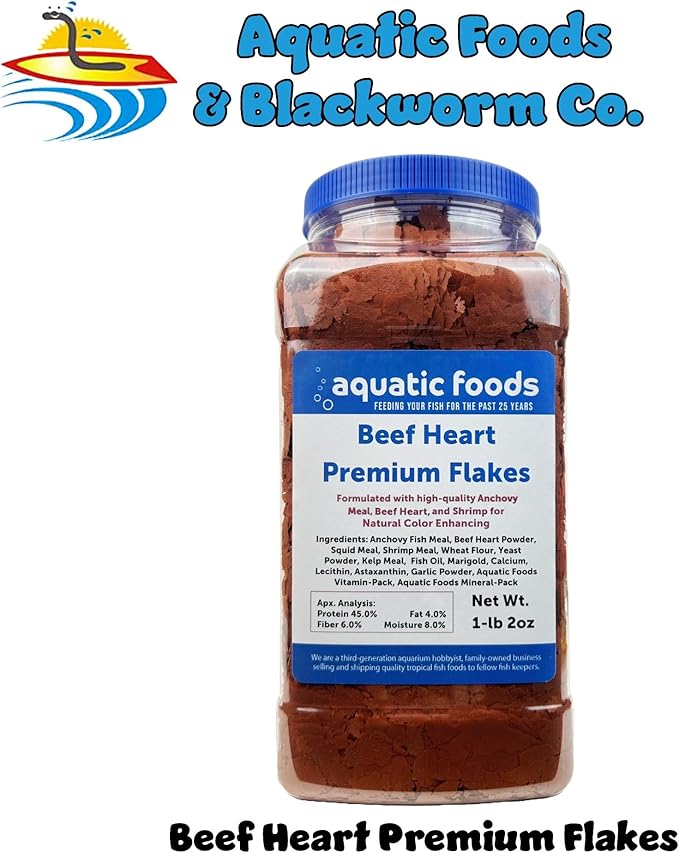 Aquatic Foods Inc. Beef Heart Enhanced Premium Flakes for Discus, Cichlids, All Tropical Fish. Aquatic Foods Premium Flakes…1-lb 2oz Lg Jar