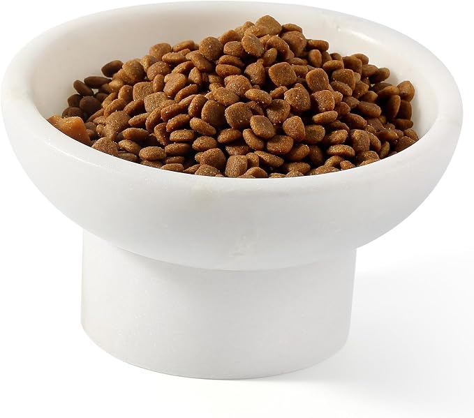 Karibiber Marble Elevated Cat Bowl, White Weighted Raised Cat Food & Water Bowl, Whisker-Friendly Stone Cat Dish with Non-Slip Stand, Heavy Water Bowls for Small Dog