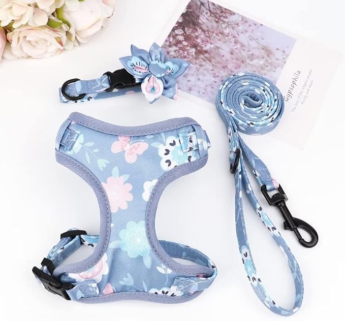 Beirui Cute Dog Collars,Harnesses,Leashes Set, Floral Pattern, Purple,XXS | Girl Dog Harness Set with Flower, Adjustable and Soft Mesh Lining, For Puppies Small & Extra Small Dogs Daily Walks