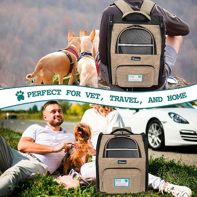 PetAmi Dog Backpack Carrier for Small Medium Dogs Large Cats up to 18 lbs, 2 Side Entry, Structured No-Collapse Frame, Airline Approved Ventilated Pet Backpack for Hiking Camping Travel Vet, Taupe