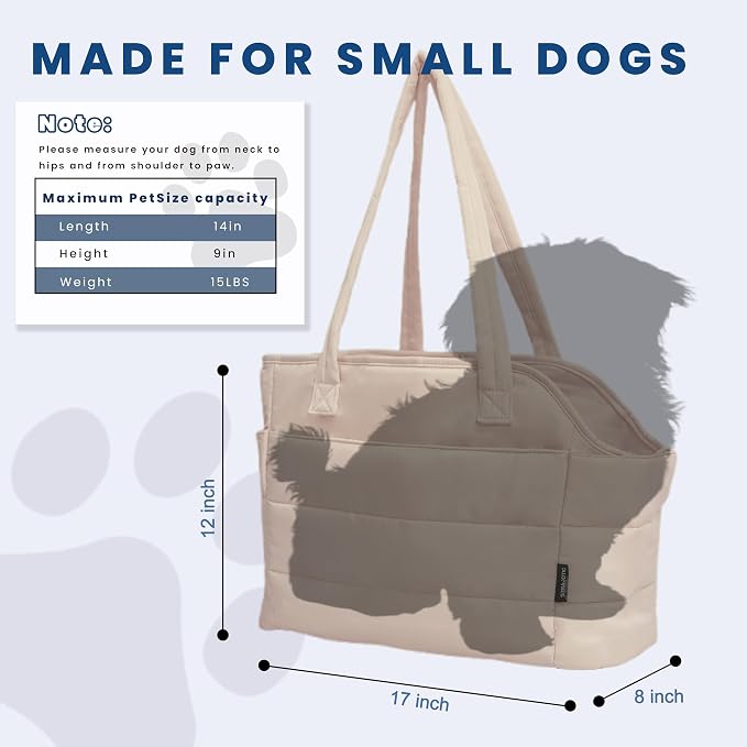 Lightweight Puffy Dog Purse Carrier for Small Dogs, Brown | Quilted Pet Carrier Tote with Safety Leash Clip, Storage Pockets and Removable Base, for Pets Up to 15 lbs, Brown