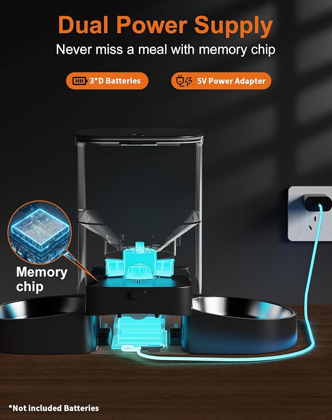HoneyGuaridan Automatic Cat Feeder for 2 Cats, 2.4/5G WiFi Smart Feed Pet Feeder with Stainless Steel Bowl,APP Control Dispenser, Dual Power Supply,Desiccant Bag,10s Meal Call Black | Pet Feeder with Stainless Steel Bowl,Automatic Cat Food Dispenser,Mu...