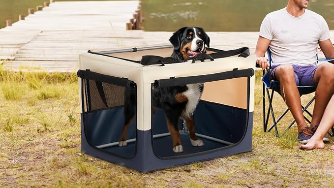 PETSFIT 36" Soft Portable Dog Crate – Patented Spiral Sturdy Frame, Collapsible Travel Kennel for Medium & Large Dogs, 3 Mesh Door, Lockable Zippers, Indoor & Car Use Navy Blue