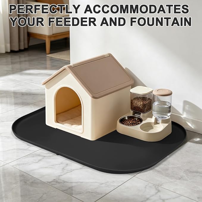 SMILOOL Waterproof Silicone Pet Food Mat with Raised Edge for Dog & Cat | 36" x 24" Non-Slip Large Pet Feeding Mats with Lip for Food & Water Bowl, Food Grade, Easy Cleaning, Black