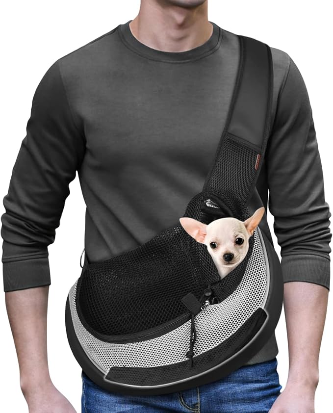YUDODO Pet Sling Carrier for 5-9 lbs Small Dogs Cat Puppy Crossbody Carrier | Bottom support, Safety Hook, Large Zipper Pocket, Soft Breathable Mesh, Adjustable Strap, Reflective Strip, Gray, M
