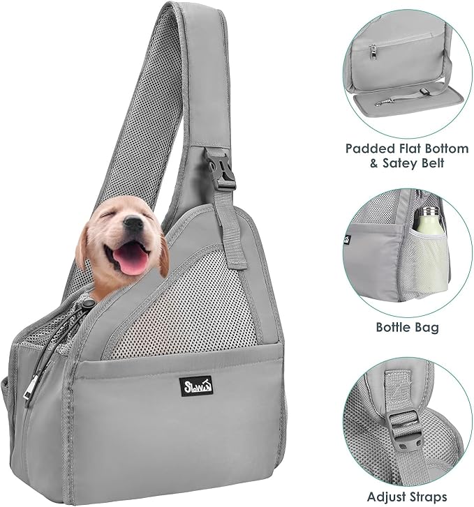 SlowTon Dog Sling Carrier, Hands Free Hard Bottom for Small Dogs up to 6 lb | Breathable Mesh Support, Adjustable Padded Strap, with Pocket Safety Belt, Machine Washable, for Small Animal Puppy, Grey