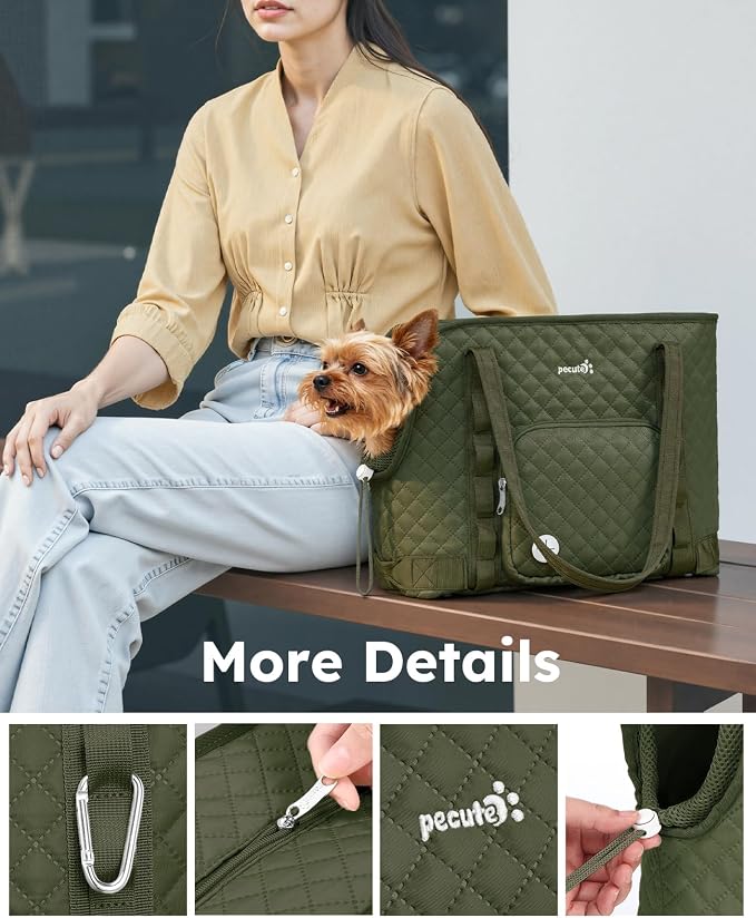 Pecute Dog Purse Carrier, Dog Carrier with Pockets for Small Dogs, Fits Dogs 5 lbs to 9 lbs, Cat and Puppies Tote Bag, Outing, Travel, Vet, Green | Breathable,Foldable,Large Pocket,Built-in safety Rope,Machine washable,Under 9 Lbs