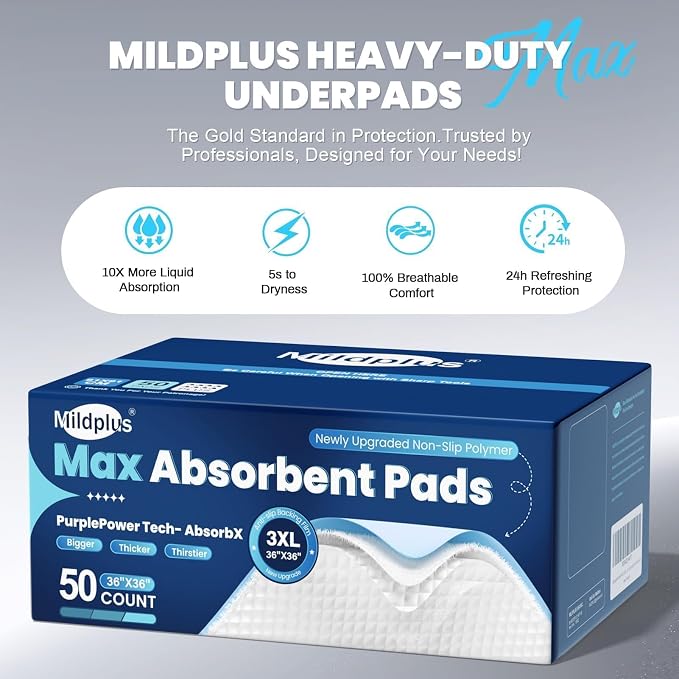 MILDPLUS Heavy Duty Underpad 36''x36'' 50 Count (Blue) | 125 Grams Extra Large Chucks Pads 3XL Disposable Bed Pads, Super Absorbent Incontinence Pads for Adults, Kids, Pee Pads