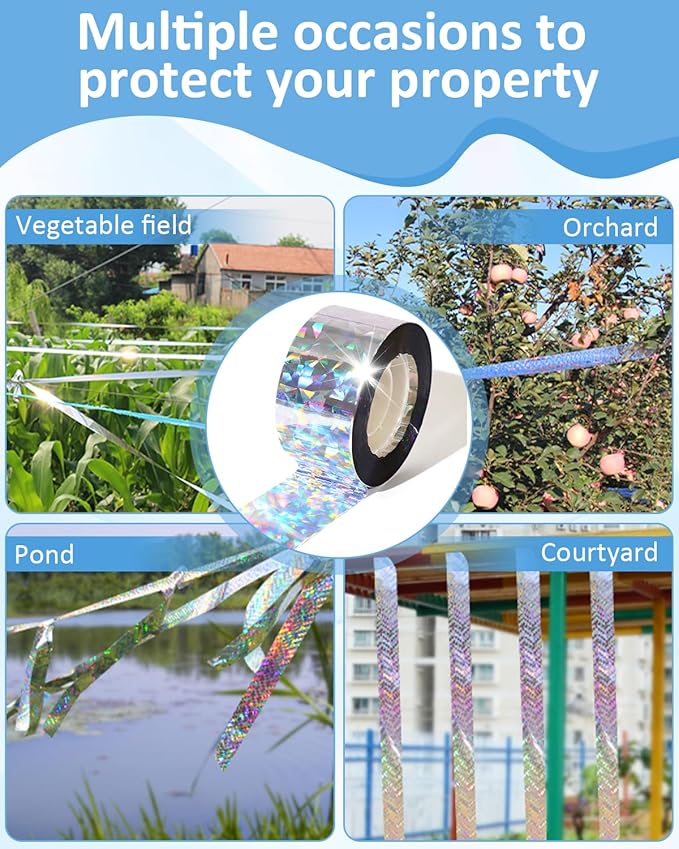 2×502 Ft Bird Scare Tape Ribbon, Double Sided Holographic Flash Reflective Bird Tape, Deterrent Visual Audible Bird Repellent Devices for Outdoor, Garden, Balcony (Regular)