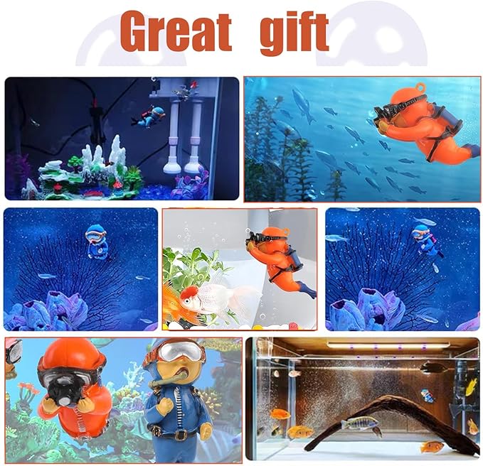 2-Pack Tank Decorations, Cute Little Diver, Aquarium Decoration Accessories Ornaments with Float Ball, Playmate for Tank Suitable for All Kinds of Fish and Tanks (Orange)