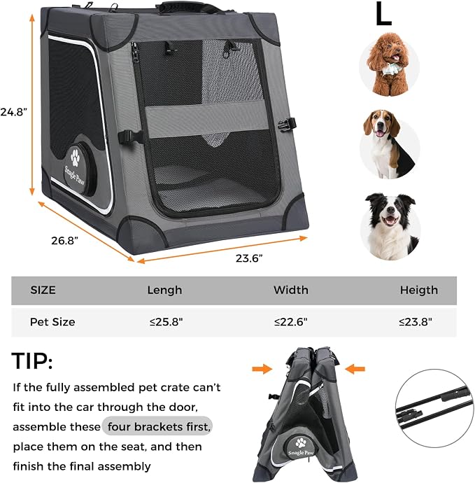 Snagle Paw Dog Car Crate for Back Seat, Portable, Large, Gray | 3-point seat securement, breathable mesh, feeding windows, folds flat, for road trips, camping and vet visits