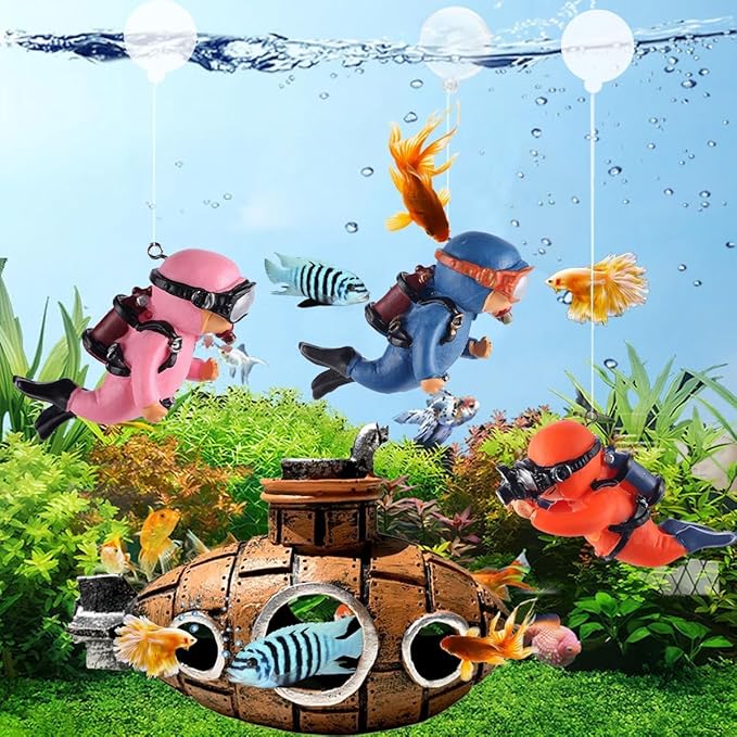 2-Pack Tank Decorations, Cute Little Diver, Aquarium Decoration Accessories Ornaments with Float Ball, Playmate for Tank Suitable for All Kinds of Fish and Tanks (Pink)