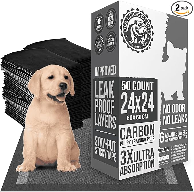 Bulldoglogy Carbon Black Puppy Pee Pads with Adhesive Sticky Tape Large Housebreaking Dog Training Wee Pads 6 Layers Charcoal Absorbent Odor Control 200 Count 24" x 24"