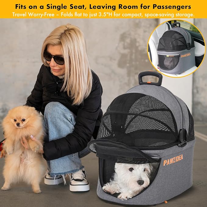 PAWZIDEA Portable Small Dog Crate for Car Travel Up to 33lbs, No-Zip Canopy | Enclosed Dog Car Seat Escape-Proof, Soft-Sided Small Medium Puppy Cats Car Kennel, Foldable Pet Carrier by Seatbelt, Top-Load