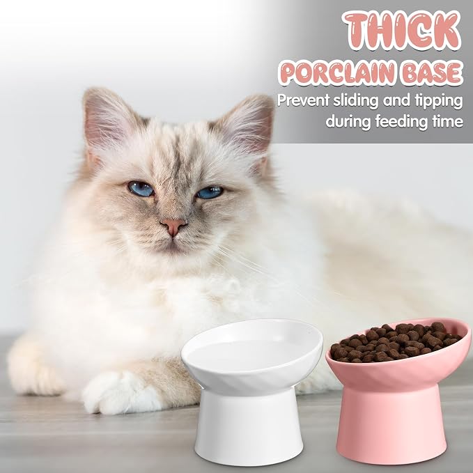 4 Pcs Ceramic Raised Cat Bowls, Elevated Tilted Cat Bowl for Food Water, Stress Free, Backflow Prevention, Dishwasher Microwave Safe, Feeder Dish for Indoor Kitten, Small Dogs(White and Pink)
