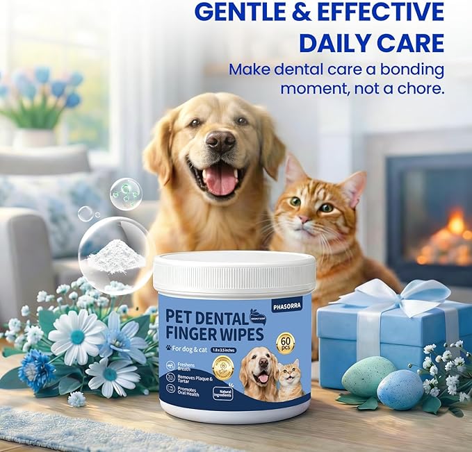 Dog & Cat Tooth Brushing kit - 60Ct Dog Toothbrush & Toothpaste Alternatives, Dental Care Wipes, Heavy Duty Teeth Cleaning, Remove Tartar & Plaque, Breath Freshener (Coconut)