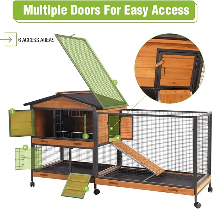 Large Rabbit Hutch Indoor Outdoor, Wooden Rabbit Cage with Chewproof Metal Frame, 62'' Mobile Bunny Cage with Wheels, Pull-Out Tray, Waterproof Roof, Guinea Pig Habitat (Orange)