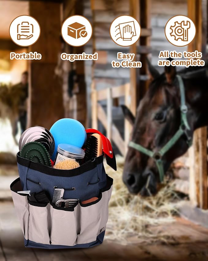 Horse Grooming Kit 13 Piece, Complete Horse Brushes & Grooming Supplies Set with Organizer Bag, Curry Comb, Hoof Brush, Bath Brushes & Accessories for Horse Care
