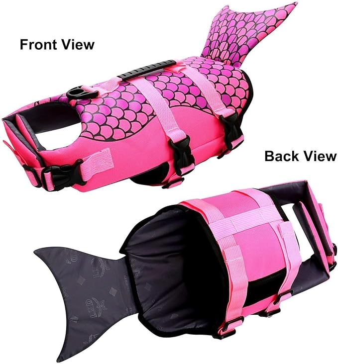 Dog Life Jacket Ripstop Shark Dog Safety Vest Adjustable Preserver with High Buoyancy and Durable Rescue Handle for Small,Medium,Large Dogs, Pink Fish Large