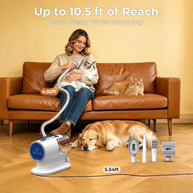 FIXR Dog Grooming Kit with Vacuum - 12,000Pa Suction Electric Clipper + Guide Combs + Shedding Brush + Crevice & Cleaning Tools, 2L Dustbin, 50dB Quiet Motor for Dogs & Cats, Blue