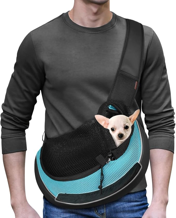 YUDODO Pet Sling Carrier for 5-9 lbs Small Dogs Cat Puppy Crossbody Carrier | Bottom support, Safety Hook, Large Zipper Pocket, Soft Breathable Mesh, Adjustable Strap, Reflective Strip, Cyan, M