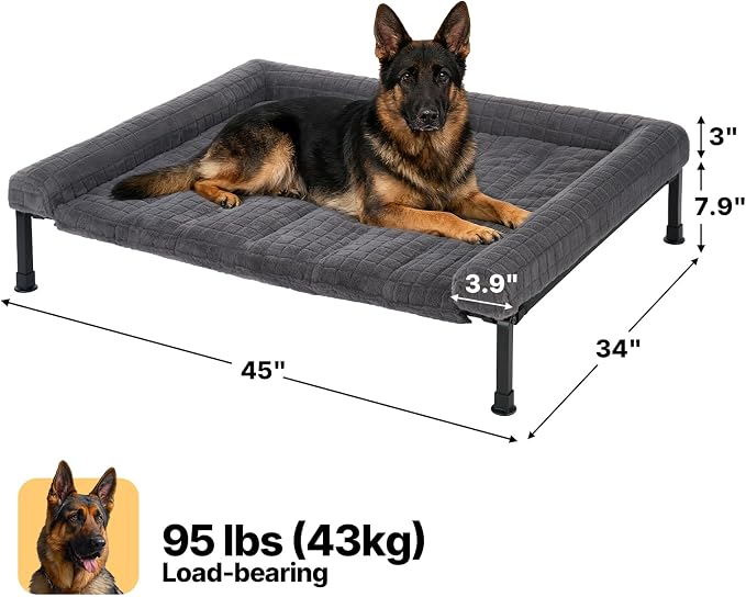 Veehoo Elevated Dog Bed with Fluffy Plush Bolster Cushion, Dog Couch Bed | Cooling Raised Dog Bed for Large Dogs, Washable Orthopedic Pet Cot with Removable Mat, Breathable Mesh, Non-Slip, 45", Grey