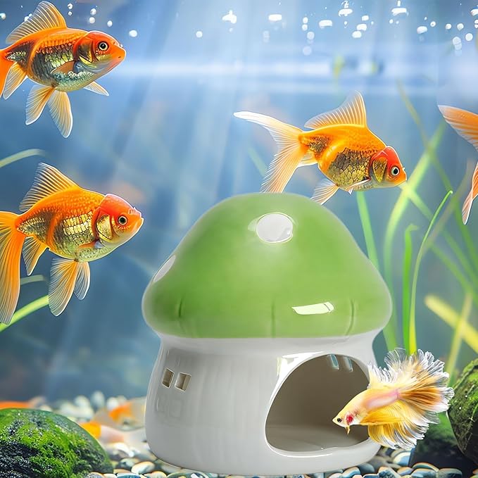 AnRui Ceramic Mushroom Aquarium Decor Cute Mini House Betta Fish Tank Accessories Decoration Hideaway Hideout Cave Ornament for Small Fish, Shrimp, Goldfish and Reptiles (Green, Large)