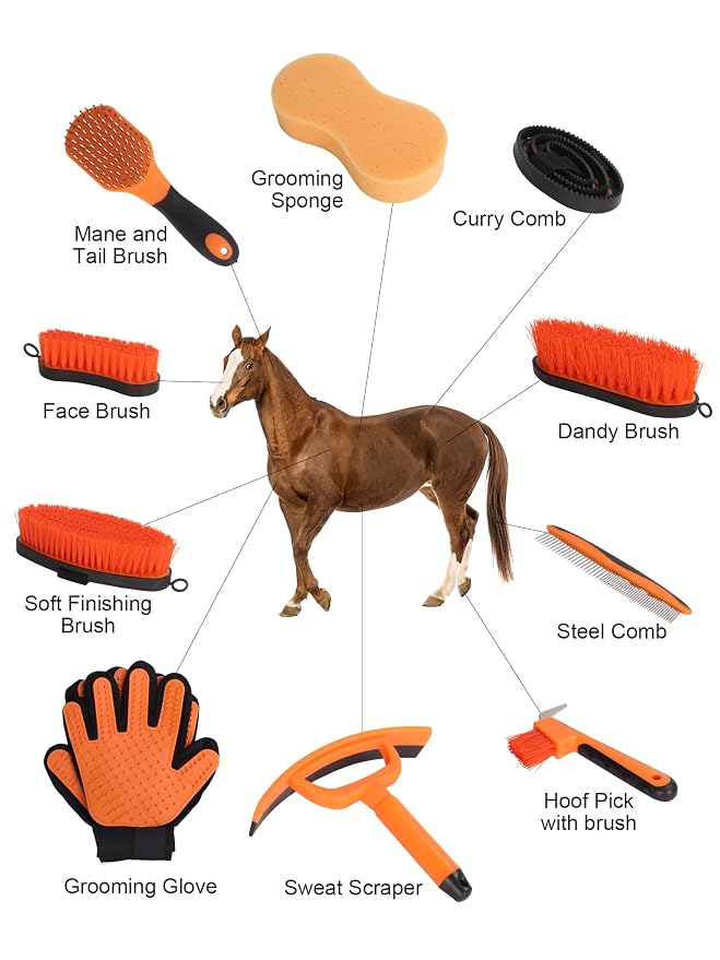 Horse Grooming Kit(13-Piece),Orange Horse Brushes,Storage Bag, Sweat Scraper,Mane Comb,Horse Grooming Gloves, Gifts for Girls (Orange)