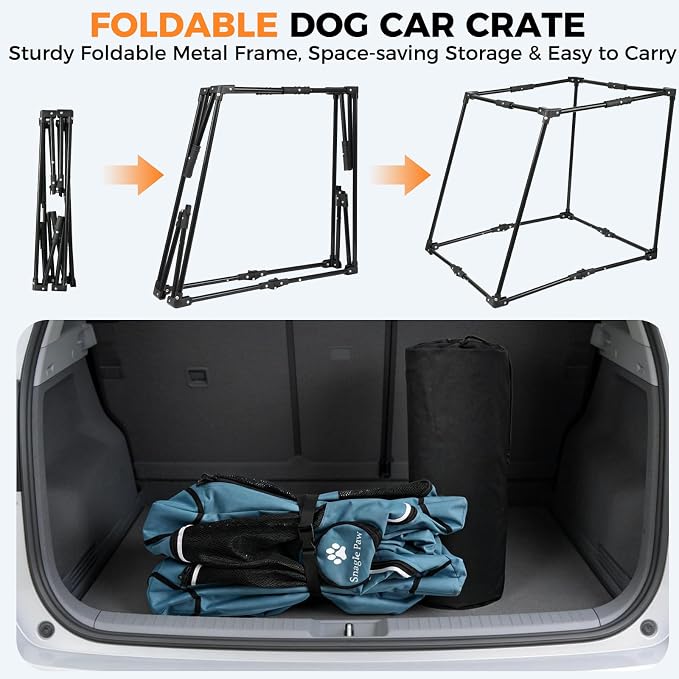 Snagle Paw Portable Dog Crate for Car Travel,Metal Frame Pet Crate,Pet Carrier for Car Back Seat Secures with Headrest Strap and Seatbelt,M