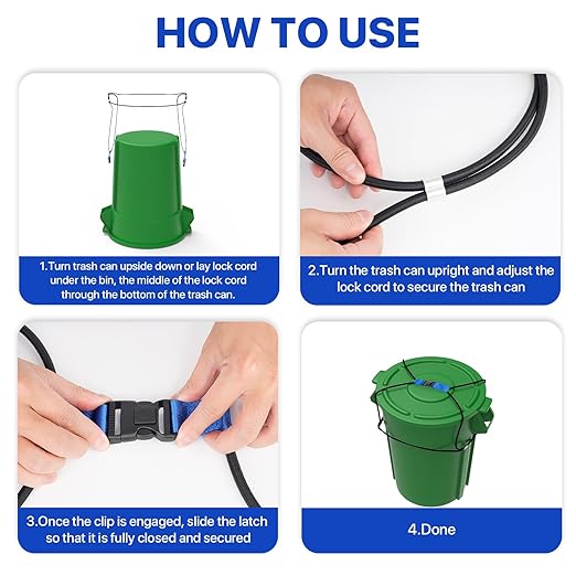 4 Pack Trash Can Locks for Animals, Double Lock Garbage Can Lock Bungee Cord, Bear Deterrent Animal Proof Trash Can Straps Keep Raccoons Out of Garbage, 30-50 Gallon TrashCan Lid Lock