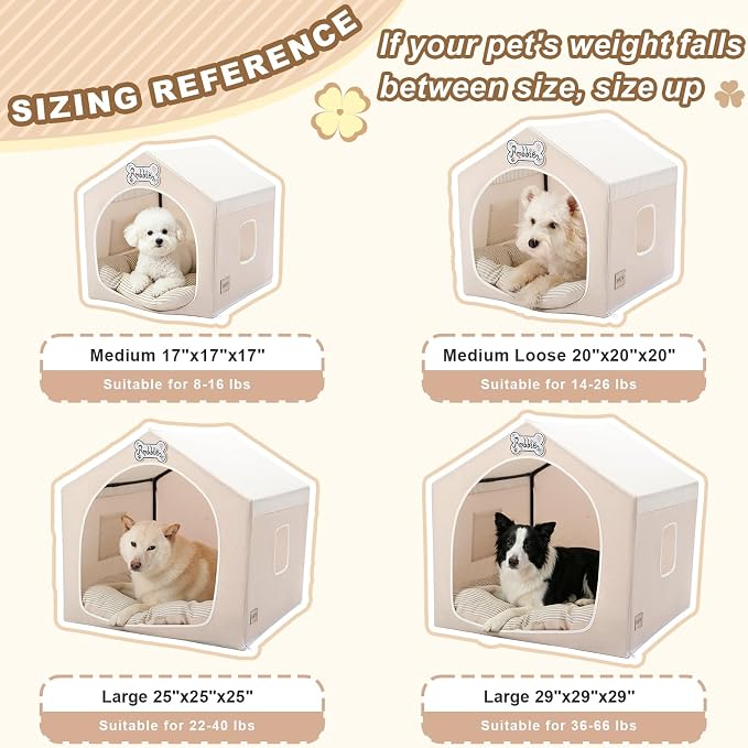 Indoor Dog House with Frame,Cute Dog Tent Bed with Cover Cave,Beige | Breathable,Washable,and Foldable House, Suitable for 8-16 Lb Puppy and Cats, Medium (17"×17"×17"),Inside Dog House