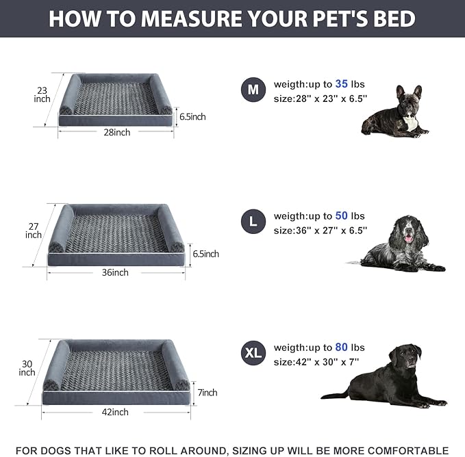 BFPETHOME Orthopedic Washable XLarge Dog Bed for Senior Dog Cozy Sleep | Extra Large Waterproof Big Soft Pet Couch Bed for Dogs Relax with Removable Cover Supportive Foam Dark Grey 42x30 Inch