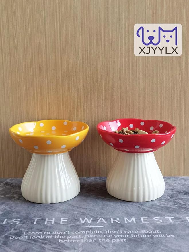 Mushroom Elevated Cat Bowls Ceramic, Cute Cat Bowls Whisker Fatigue | Raised Cat Bowl for Indoor Cats, Raised Dog Bowls Stand for Food and Water, Red+Yellow 6" Wide for Adult Cats