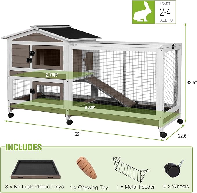Gutinneen Large Indoor Rabbit Hutch Bunny Cage with Chew-Proof Ramp, Locking Leak-Proof Trays - Outdoor 62" Wooden Rabbit Cage with 6 Wheels for Rabbits, Guinea Pigs, Small Animals (Brown)