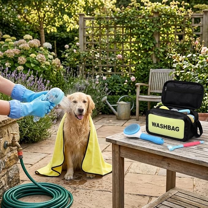7 Pcs Dog Washing Kit: Shampoo Brush, Hair Brush, Washing Gloves, Dog Towel | Dog Brush for Shedding, Toothbrush, Large Towel, and Dry-wet Separation Bag, Dog Bath Grooming Kit, Dog Bath Supplies