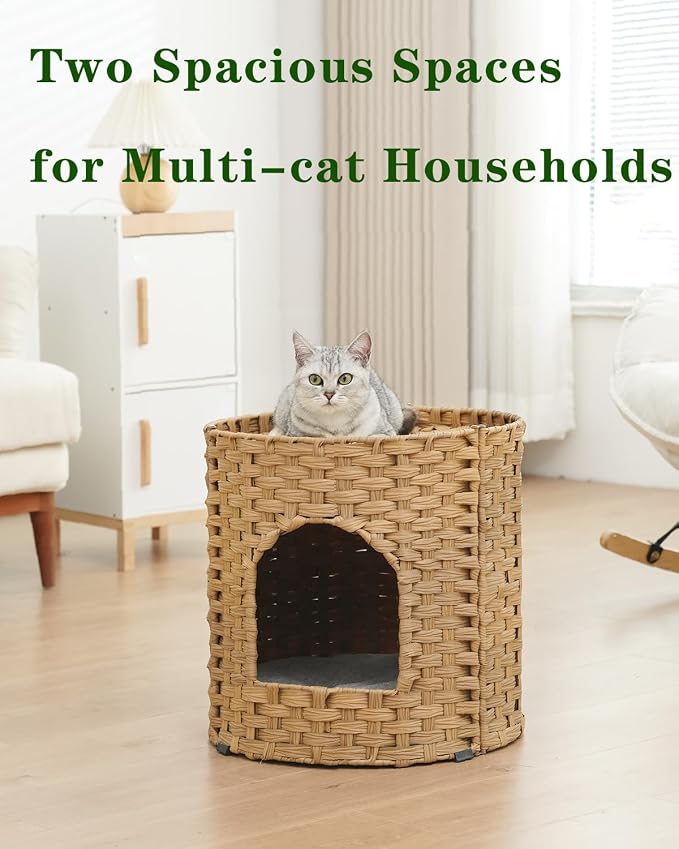 SETVSON Cat House for Indoor Cat, Large Double Cat Houses Bed, Natural | Handwoven PE Rattan Cave with One Soft Pad, 17 x 17 x 17 In Foldable Kitten Hideaway, Double-Level Play & Nap Spot