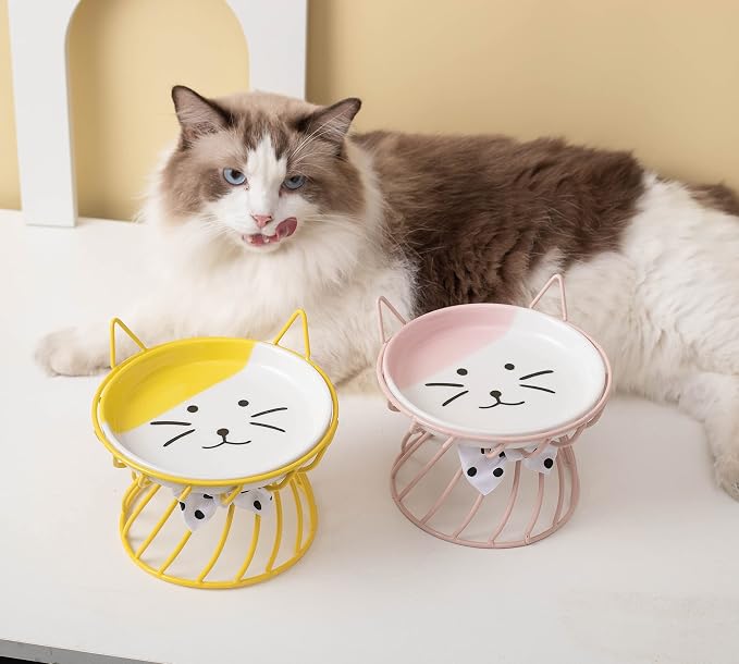 Elevated Ceramic Cat Bowl, Detachable Design, Yellow | Detachable Bowl Elevated Design Whisker Friendly Non-Slip Pads Premium Ceramic