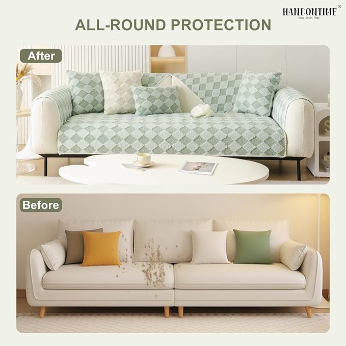 HANDONTIME Non-Slip Pet Couch Cover Washable, Plush Faux Fur Couch Protector for Cushion Pet-Friendly Sofa Covers for Dogs, Checkered Diamond Sectional Covers Dog Mat for Sofa (Green, 35.6" x 35.6")