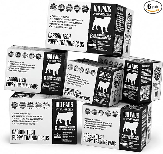 Bulldoglogy Carbon Black Puppy Pee Pads with Adhesive Sticky Tape Large Housebreaking Dog Training Wee Pads 6 Layers Charcoal Absorbent Odor Control 600 Count 24" x 24"