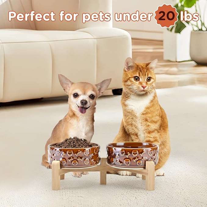 SPUNKYJUNKY Elevated Dog Bowls Ceramic, 5.1'' Dogs and Cat Food Water Bowls Raised with Non-Slip Bamboo Stand for Puppy Small Sized Breed Microwave Dishwasher Safe - 13.5 OZ,Skull Bronze