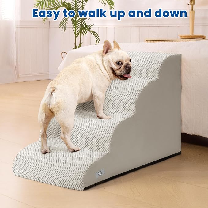 Dog Steps for Bed 17.7" H, 4-Step Pet Stairs Ramp for Small & Medium Dogs | Airpanda Dog Stairs with Washable Cover & High-Density Foam,Gentle Curved,Ideal for Senior & Short-Legged Dogs,Light Grey