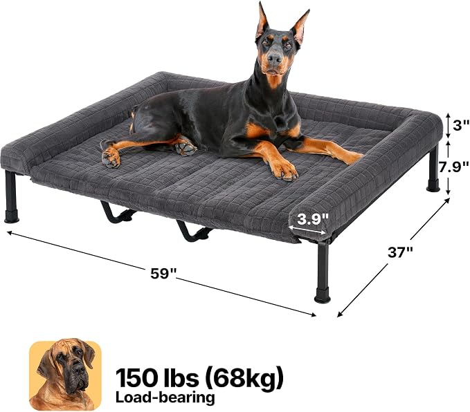 Veehoo Elevated Dog Bed with Fluffy Plush Bolster Cushion, Dog Couch Bed | Cooling Raised Dog Bed for Large Dogs, Washable Orthopedic Pet Cot with Removable Mat, Breathable Mesh, Non-Slip, 59", Grey
